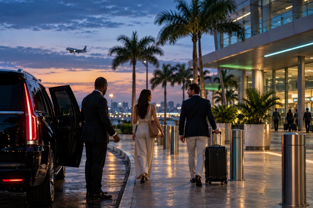 Airport terminal at dusk with luggage and palm trees