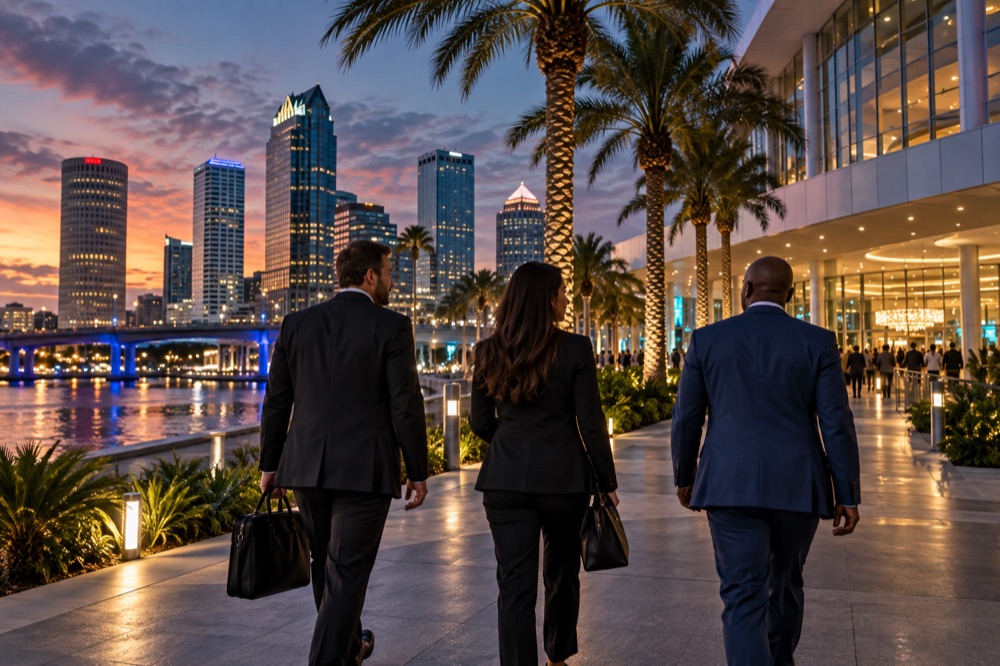 Business professionals arriving at a downtown venue