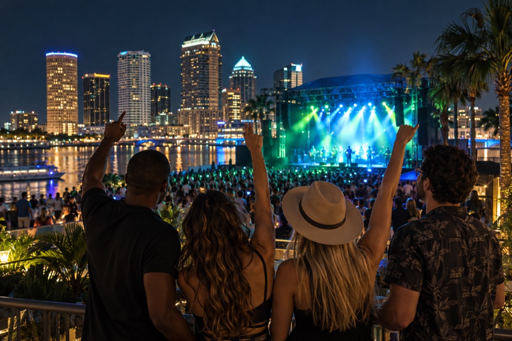 Friends enjoying an outdoor concert at night