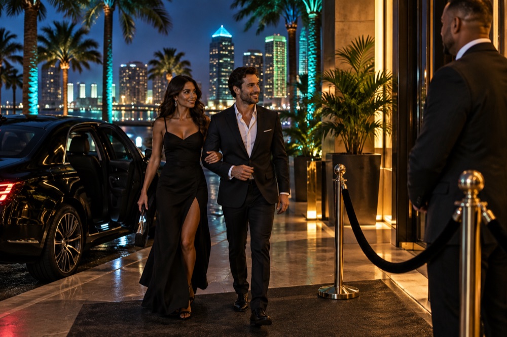 Guests arriving at an elegant nightlife venue