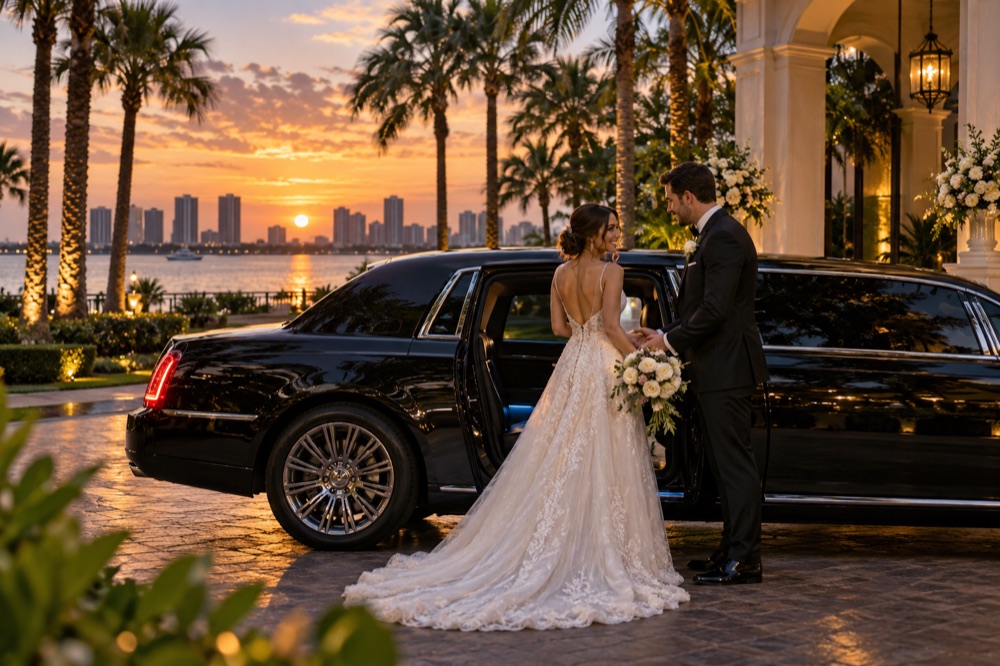 Wedding couple beside a limousine at sunset