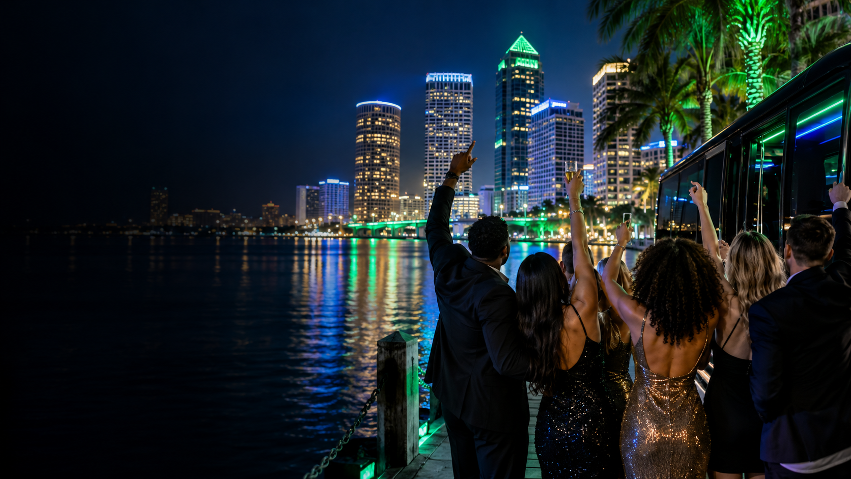Tampa-inspired riverfront nightlife with friends celebrating beneath illuminated palms